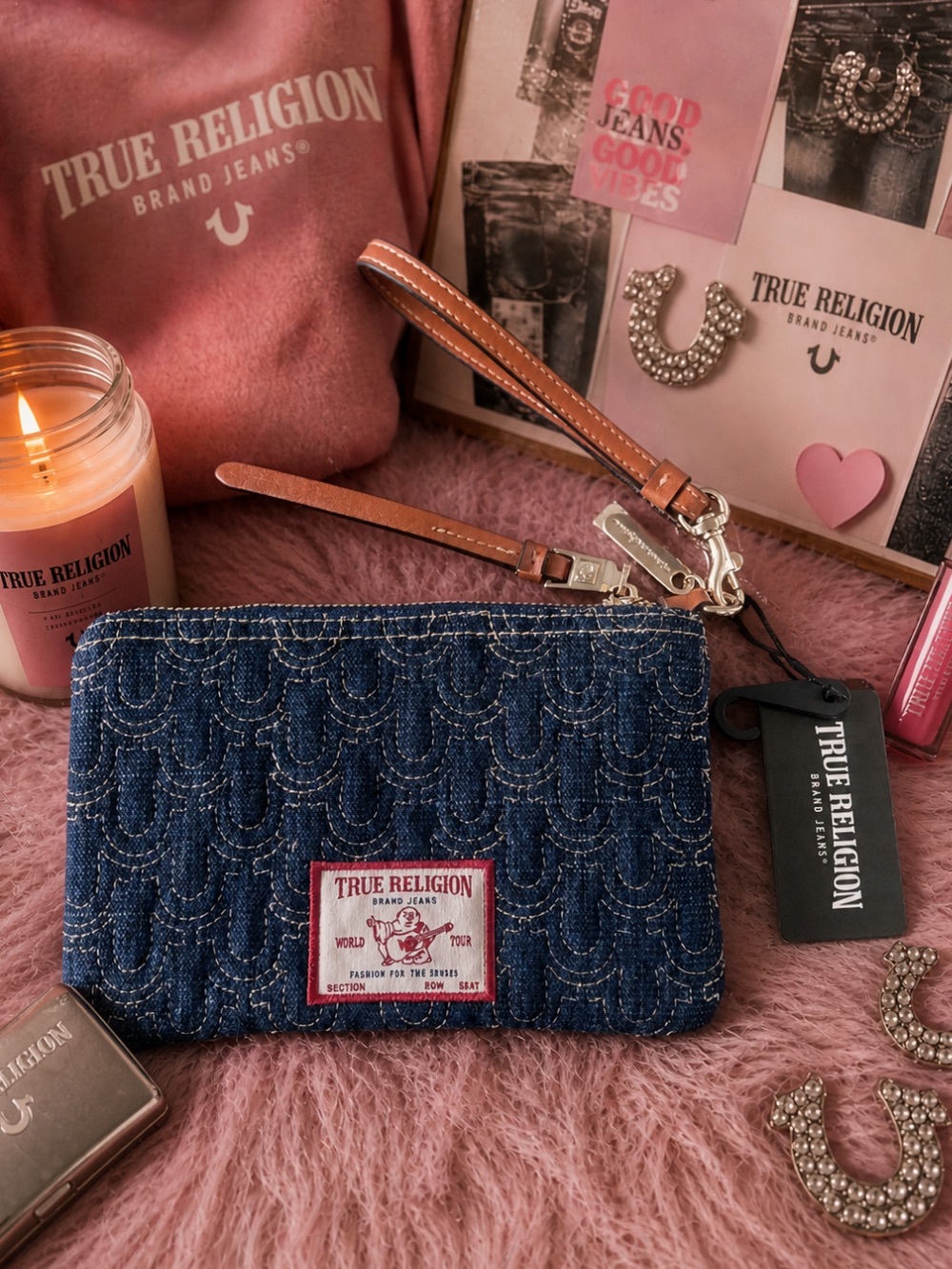 True Religion Denim Wristlet with Tan Leather Accent - Picture 2 of 3